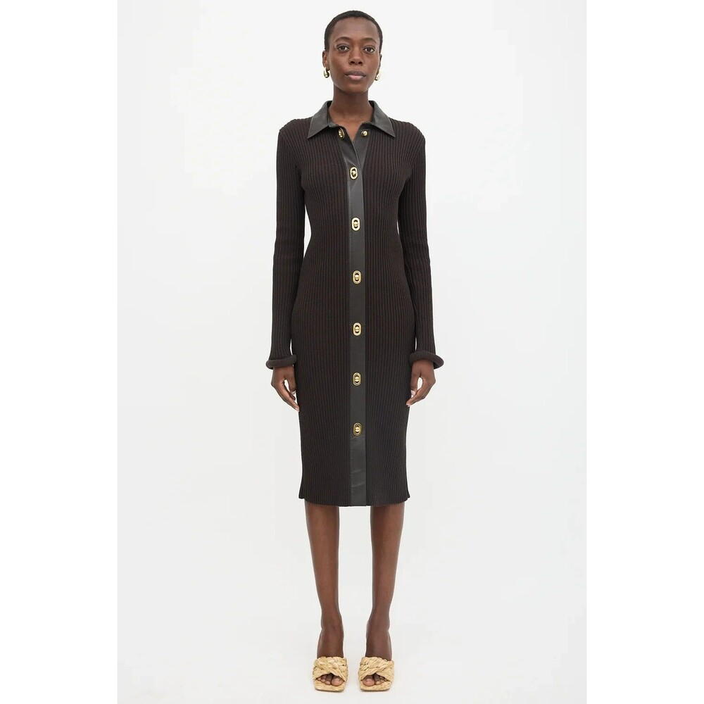 Bottega Veneta Pre Fall 2020 Wool Ribbed Dress Lambskin Leather Trim Midi Size S